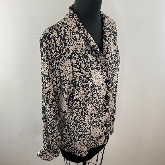 Vintage STUDIO A Tan & Black Floral 100% Silk Long Sleeve Blouse VTG Button-Up M - Picture 3 of 7